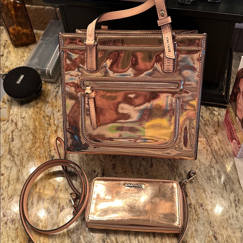 Coach Metallic Rose Gold Patent Leather Tote, Wristlet & Wallet Set